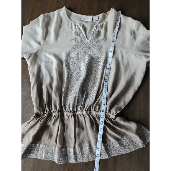 Chico's Women's Taupe Silk & Silver Metallic Ombré Embellished Sheer Blouse Sz 1 - Picture 7 of 9